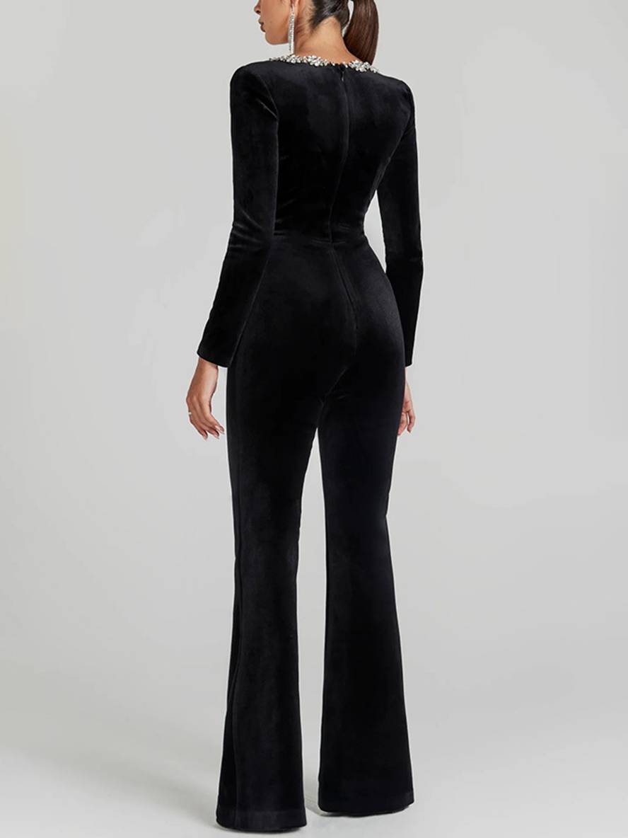 flare wide velvet jumpsuits square collar long sleeves slim fitness women elegant casual ceremony | Force