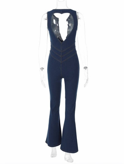elegant vintage casual fashion sleeveless v-neck denim jumpsuits for women | Force