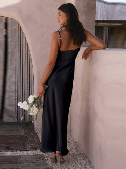 fitted satin bridesmaid dress with slit and thin straps elegant evening dress for rustic wedding | Force