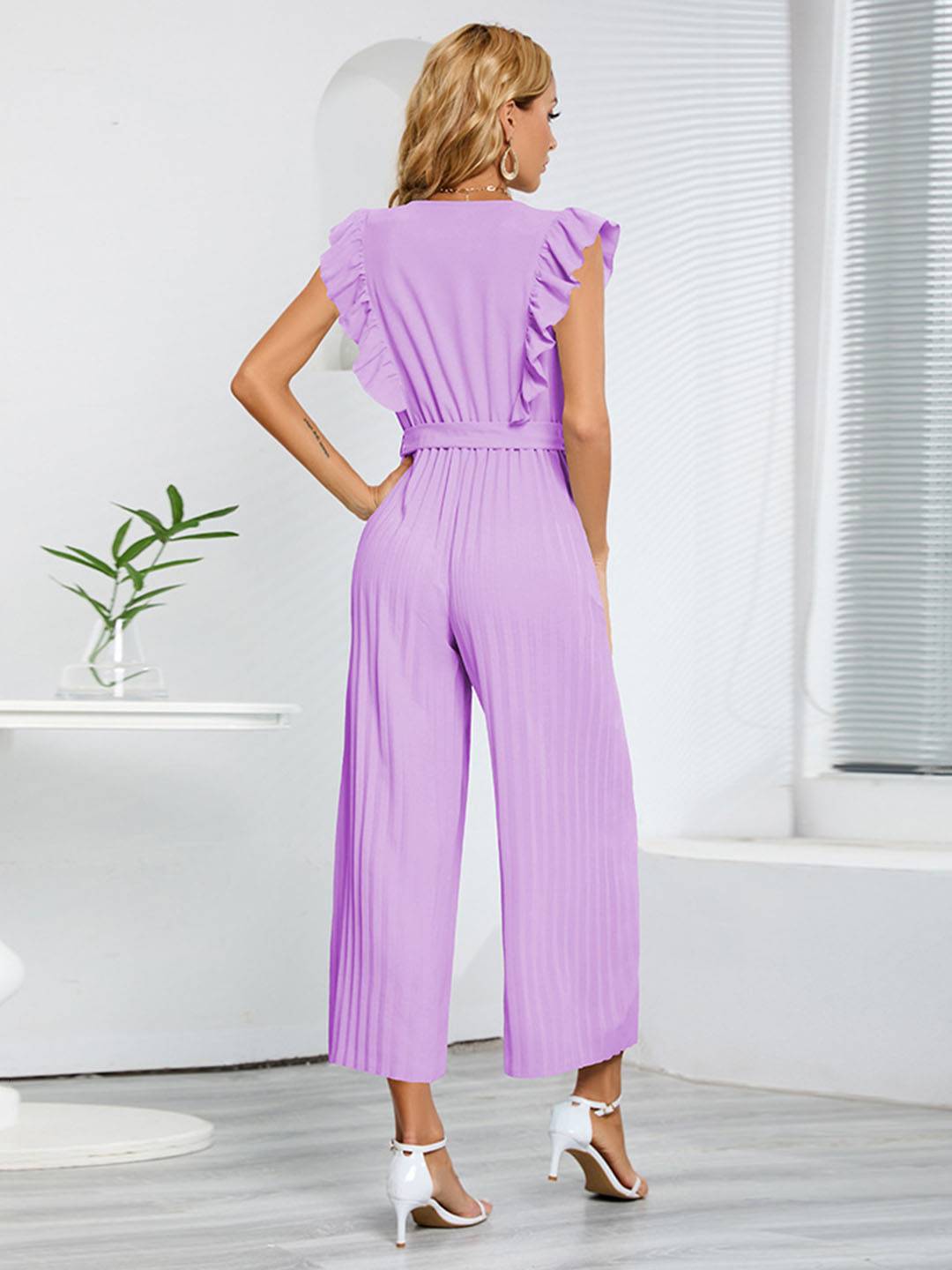 wide leg jumpsuits flared v-neck with ruffle pleated belt sleeveless women elegant bohemian casual | FORCE