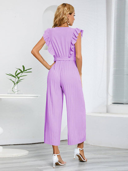 wide leg jumpsuits flared v-neck with ruffle pleated belt sleeveless women elegant bohemian casual | FORCE