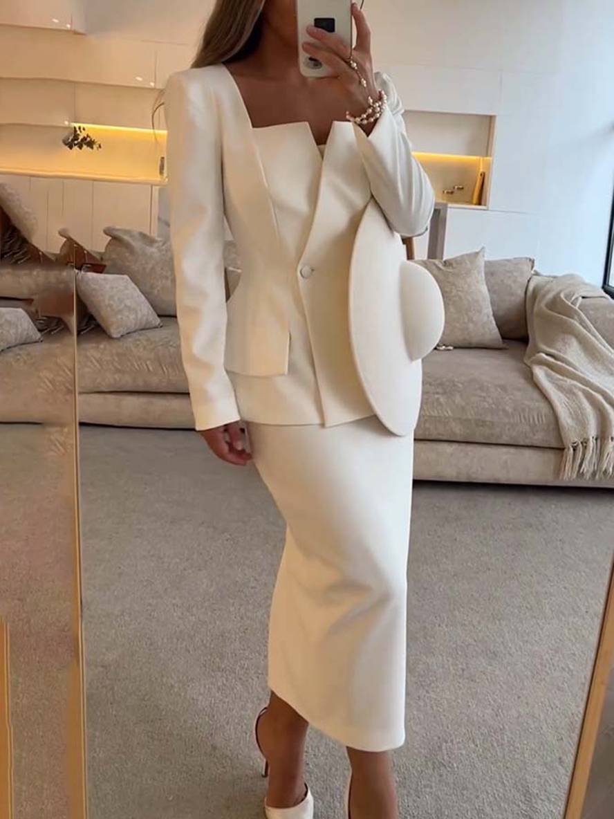 square collar set buttons pockets long sleeves blazer with skirt women elegant casual two-piece office | Force