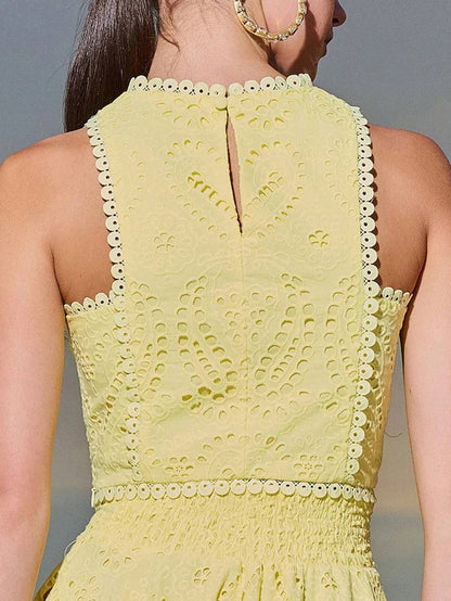 embroidered eyelet dress pockets sleeveless trapeze tops fluid skirt woman elegant casual set | Force
