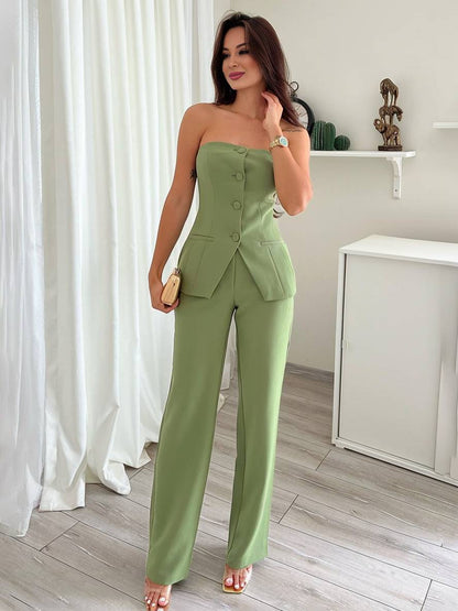sets with solid color pants buttoned bustier elegant women's suit style outfit wedding guest | Force