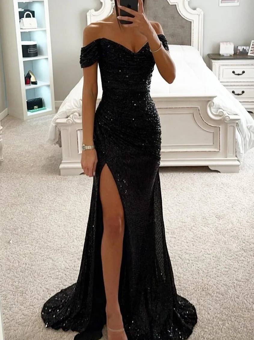 long strapless shiny sequin slit side mermaid boat neck sleeveless elegant evening ceremony dress | Force