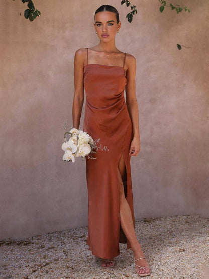 fitted satin bridesmaid dress with slit and thin straps elegant evening dress for rustic wedding | Force