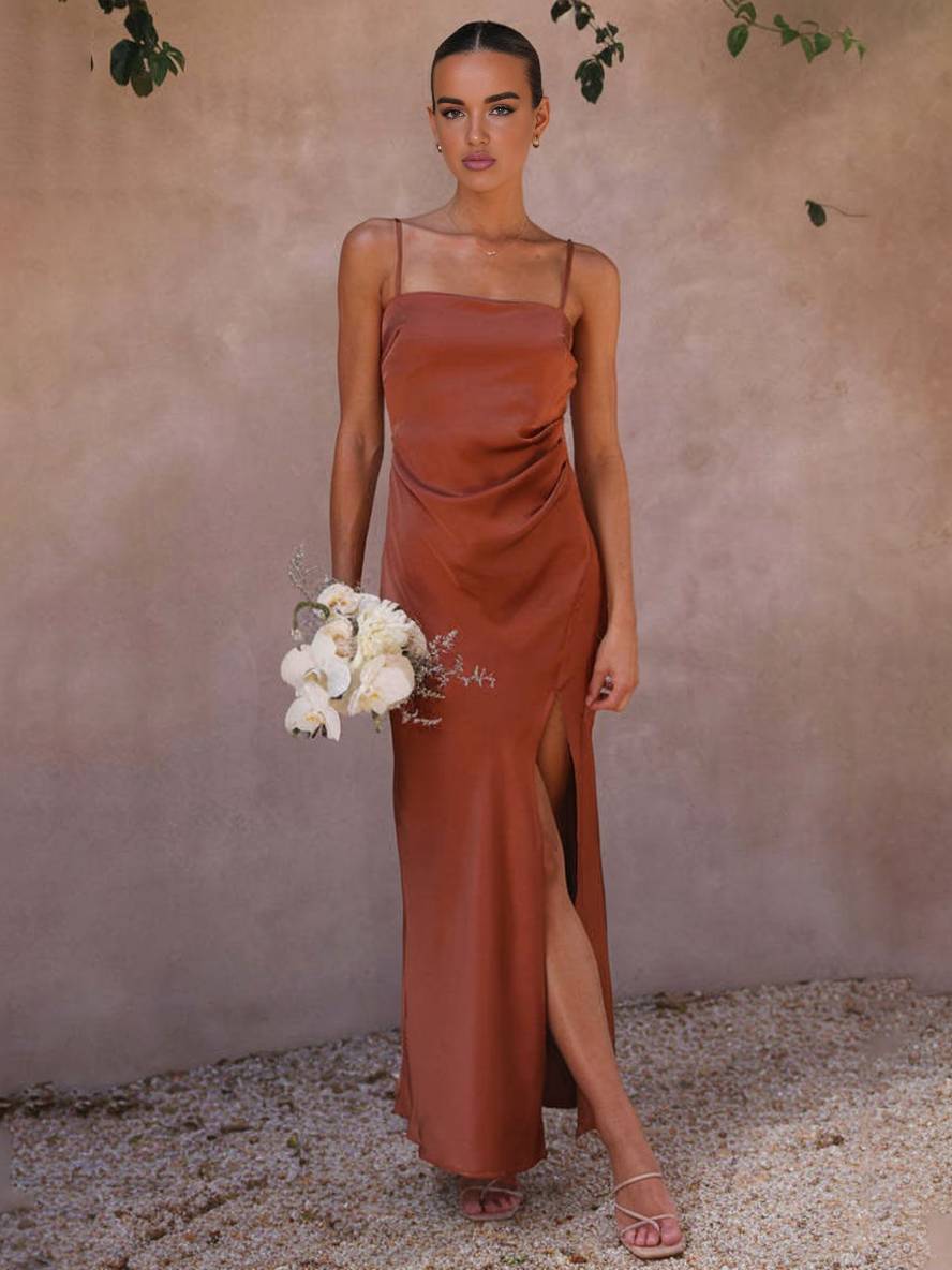 fitted satin bridesmaid dress with slit and thin straps elegant evening dress for rustic wedding | Force