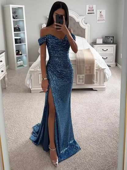 long strapless shiny sequin slit side mermaid boat neck sleeveless elegant evening ceremony dress | Force