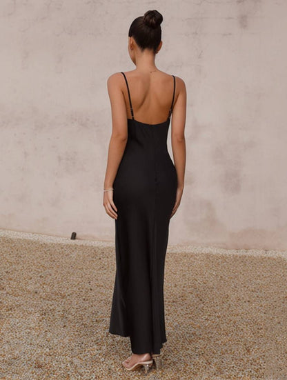 satin fitted backless bridesmaid dress with thin straps elegant evening woman wedding guest | Force
