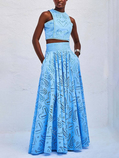 embroidered eyelet dress pockets sleeveless trapeze tops fluid skirt woman elegant casual set | Force