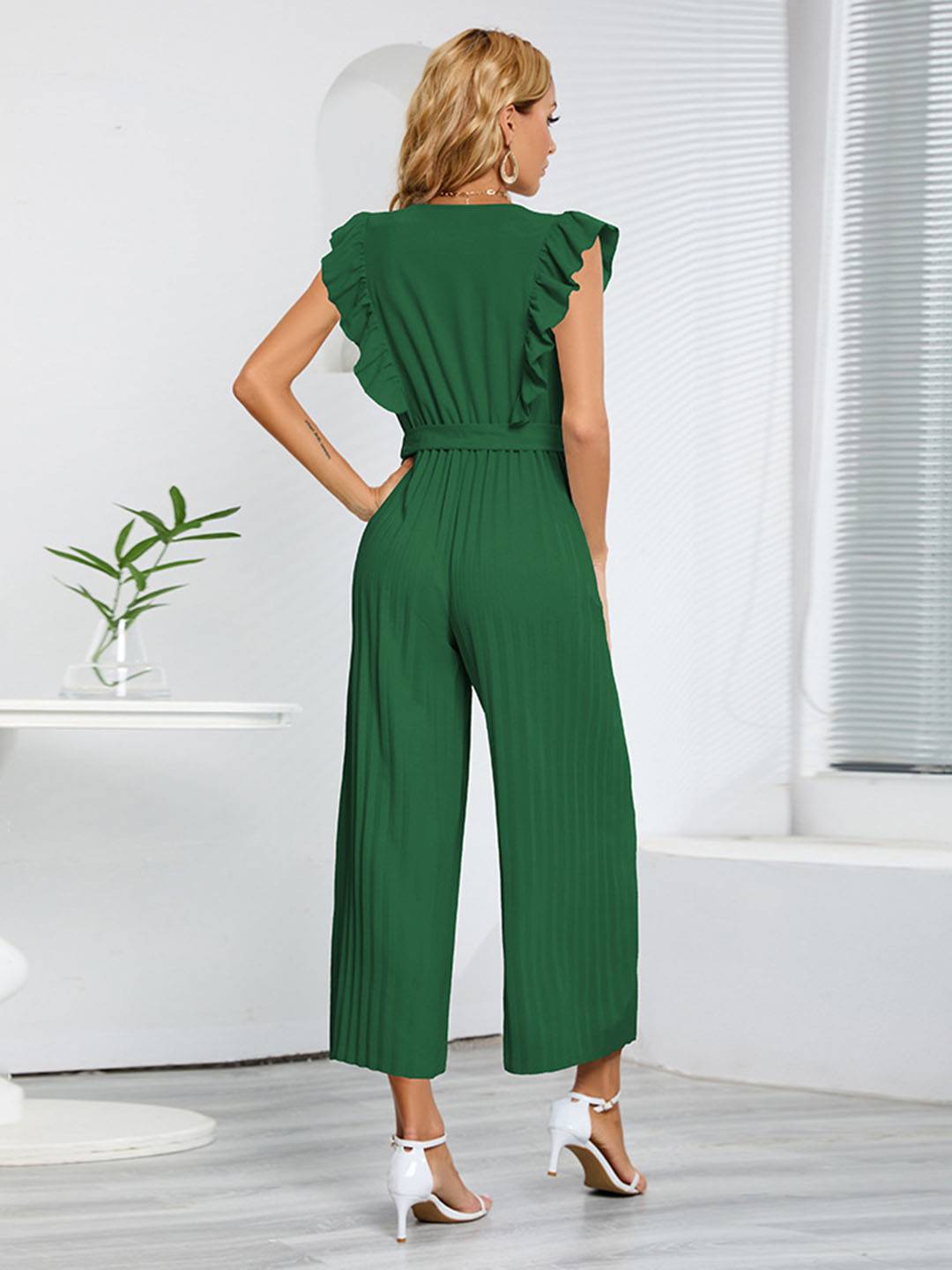 wide leg jumpsuits flared v-neck with ruffle pleated belt sleeveless women elegant bohemian casual | FORCE