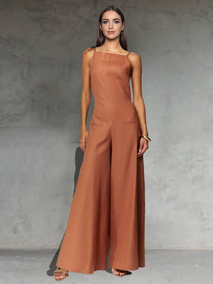 wide leg jumpsuits flared linen backless with thin straps sleeveless elegant casual vacation style for women | Force