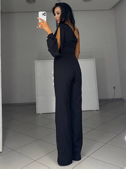 flare wide-leg jumpsuits one-shoulder side slit long sleeves women casual elegant relaxed ceremony | Force