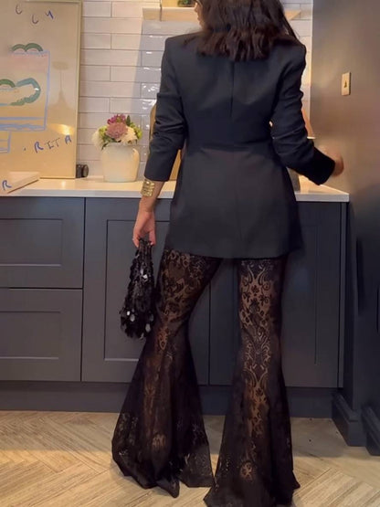 sets with flare lace pants flared v-neck buttoning pockets blazer women elegant suit style | Force