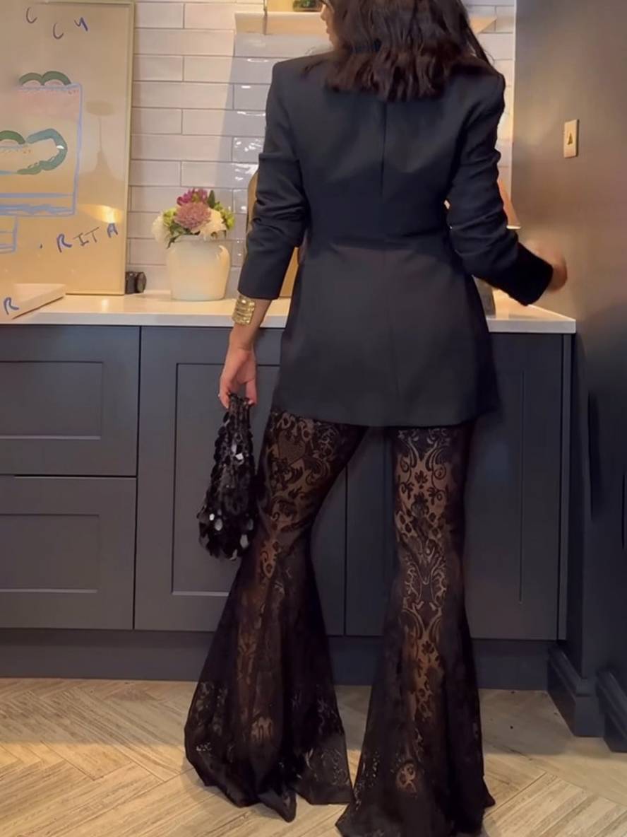 sets with flare lace pants flared v-neck buttoning pockets blazer women elegant suit style | Force
