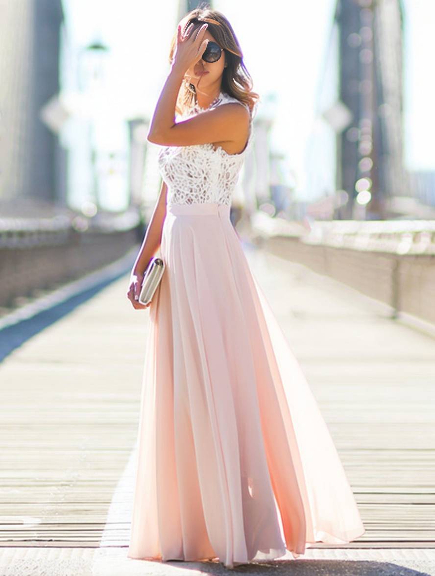 long bridesmaid dress lace chiffon flowing round neck sleeveless elegant pink and white | Force