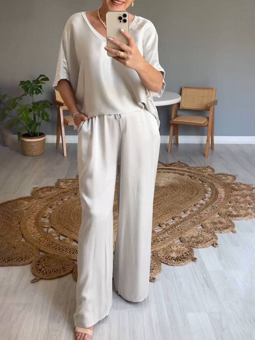 sets with pants v-neck pockets batwing sleeves short sleeves women elegant casual loose two-piece | Force