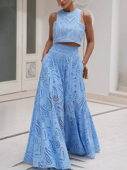 embroidered eyelet dress pockets sleeveless trapeze tops fluid skirt woman elegant casual set | Force