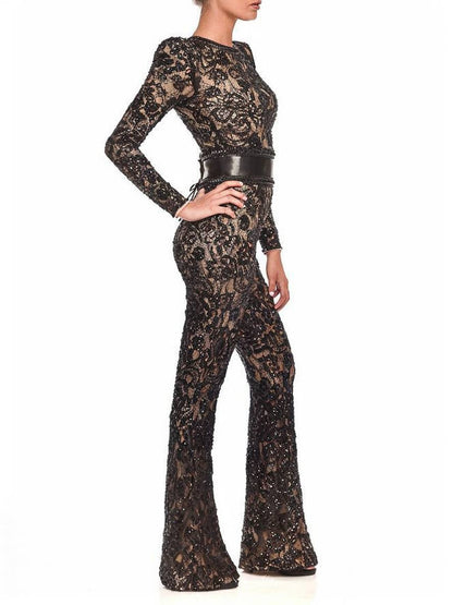 flare wide-leg lace jumpsuits round neck belt long sleeves women elegant vintage | Force