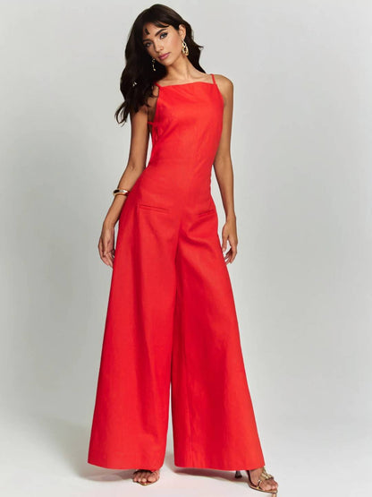 wide leg jumpsuits flared linen backless with thin straps sleeveless elegant casual vacation style for women | Force
