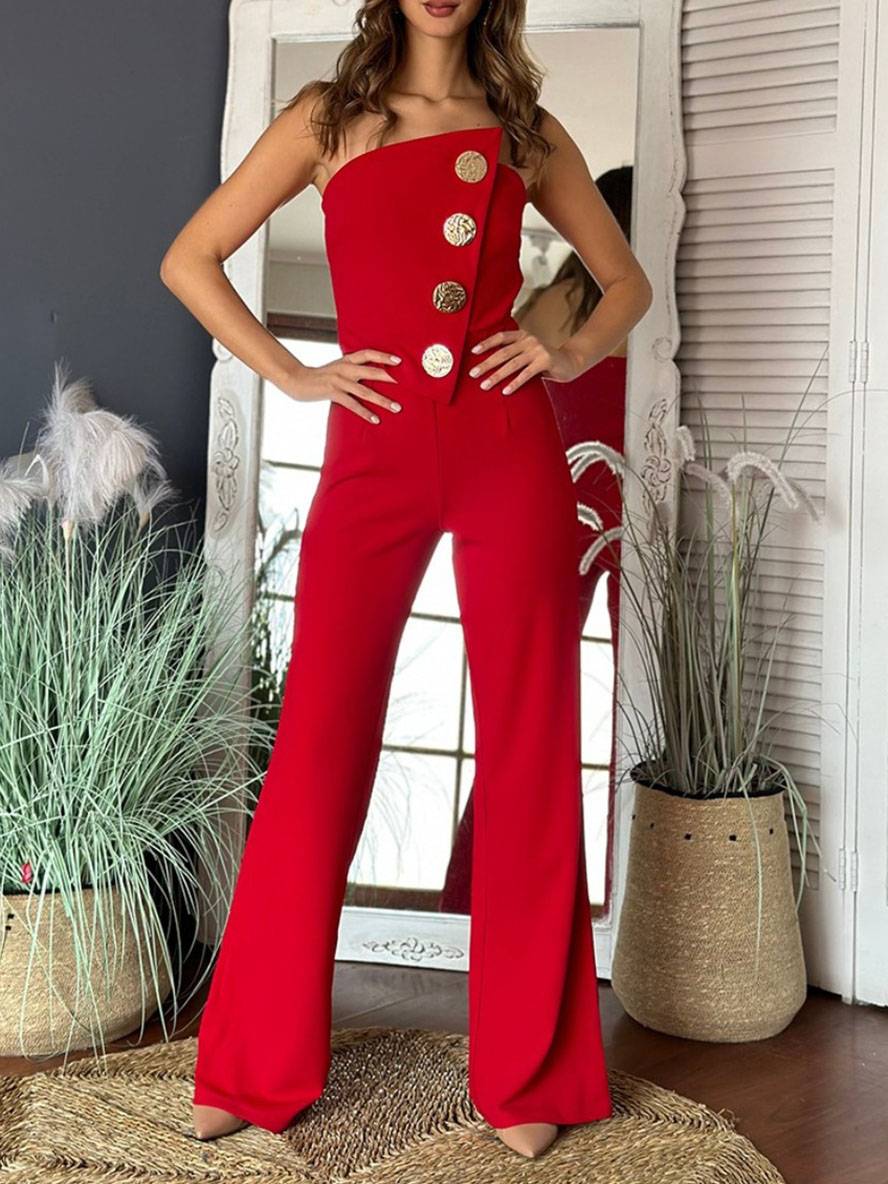 flare wide-leg jumpsuits solid color strapless buttoned sleeveless women elegant casual | Force